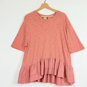 Akemi Kim Coral Pink Ruffle Hem‎ Slub Knit Oversized Shirt Top Women's Small